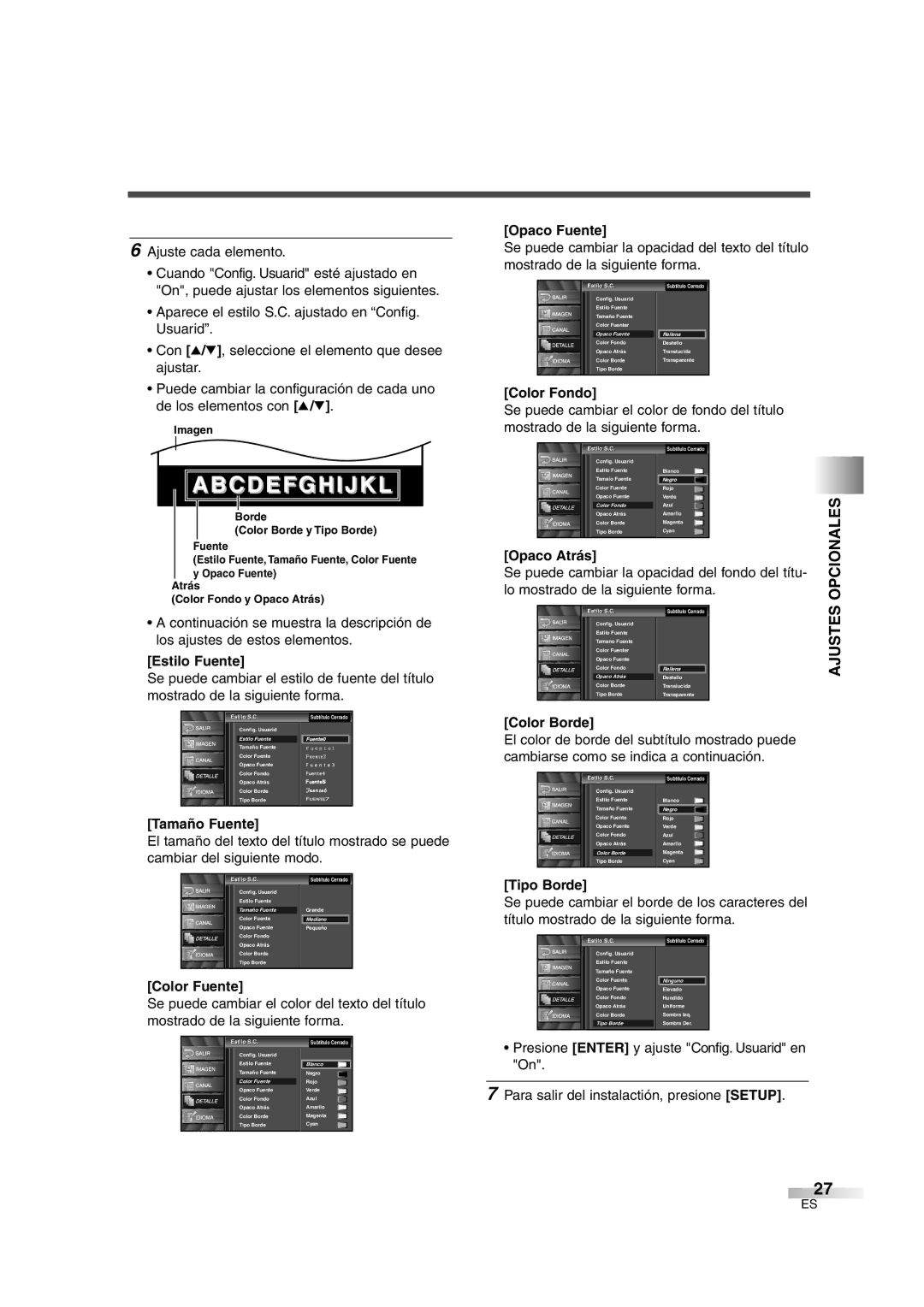 Sylvania 6842THG owner manual Ajustes Opcionales 