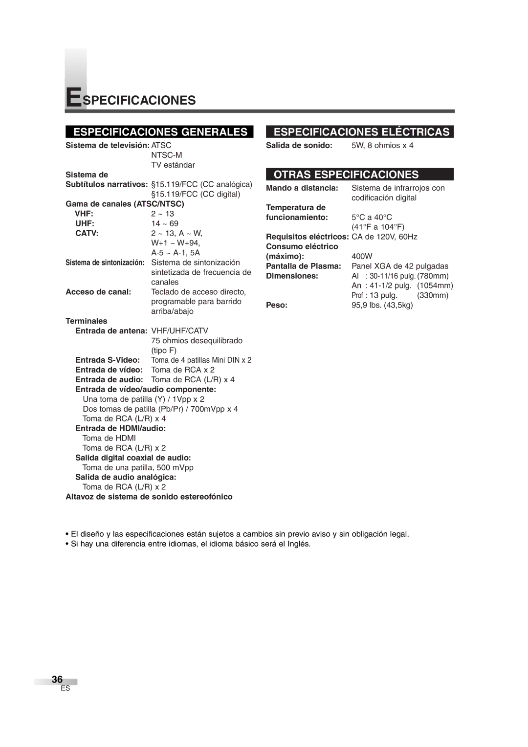 Sylvania 6842THG owner manual Especificaciones 