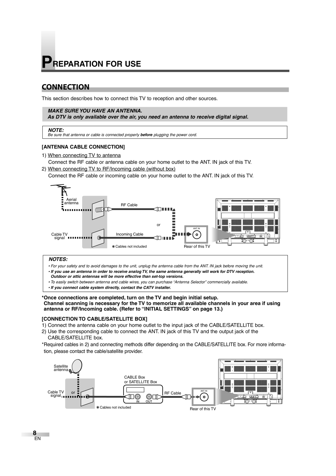 Sylvania 6842THG owner manual Preparation for USE Connection, Antenna Cable Connection, Connection to CABLE/SATELLITE BOX 