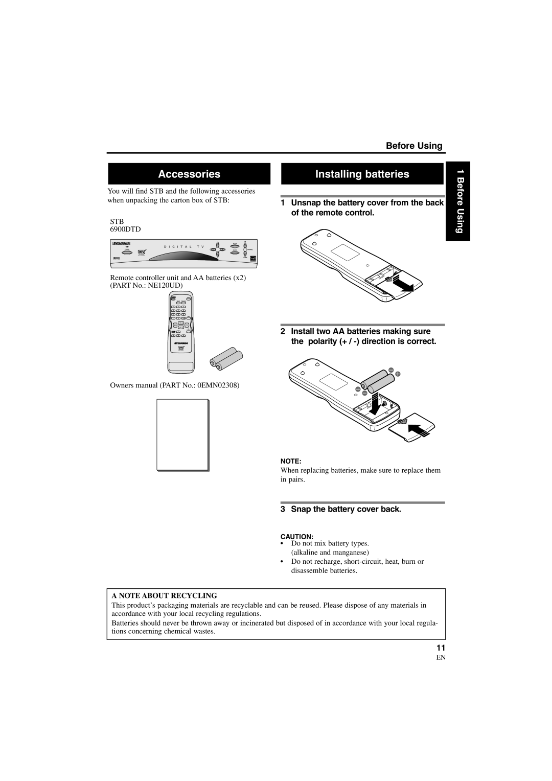 Sylvania 6900DTD owner manual Accessories, Installing batteries, Snap the battery cover back 