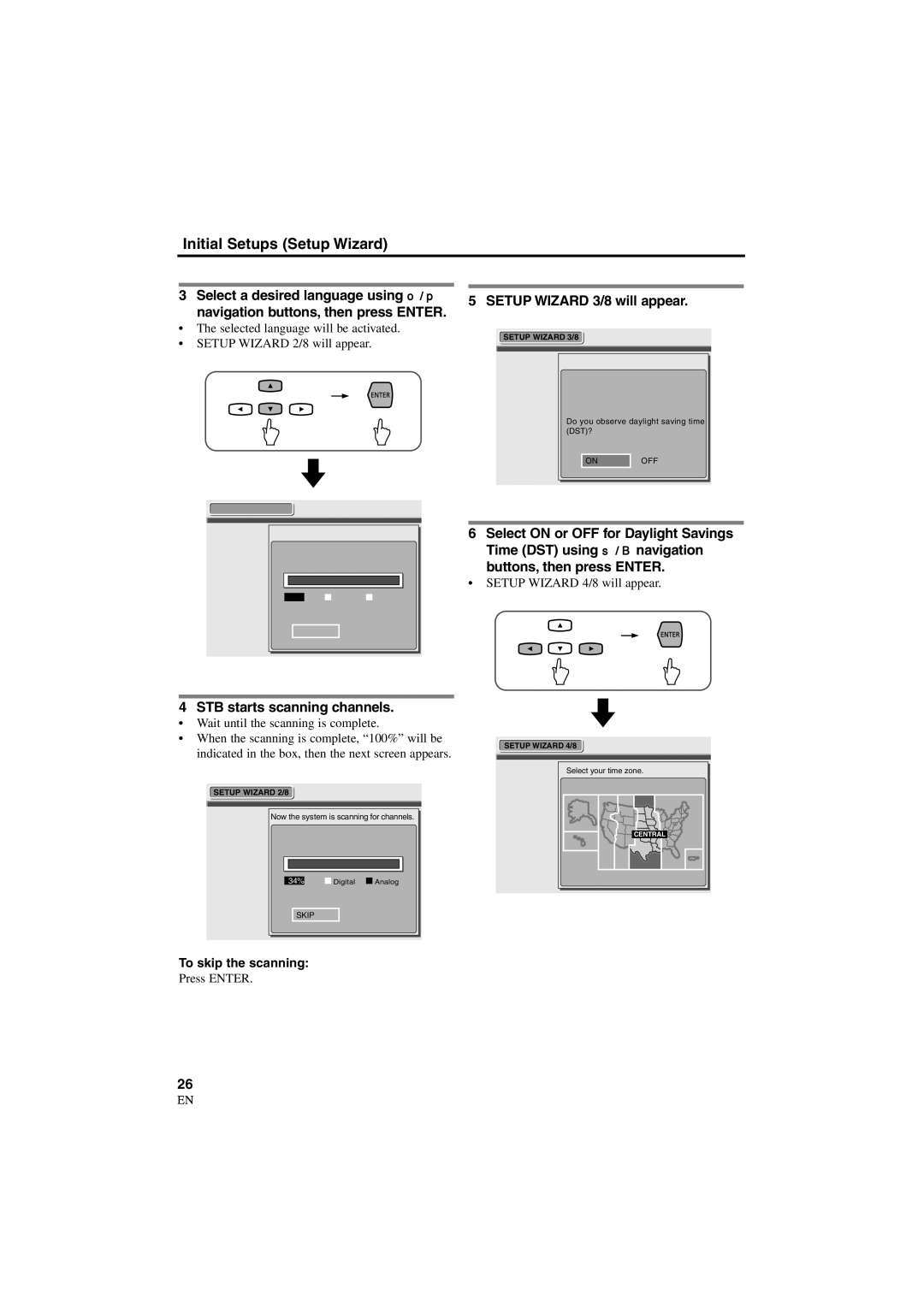 Sylvania 6900DTD owner manual Setup Wizard 3/8 will appear, Buttons, then press Enter, STB starts scanning channels 