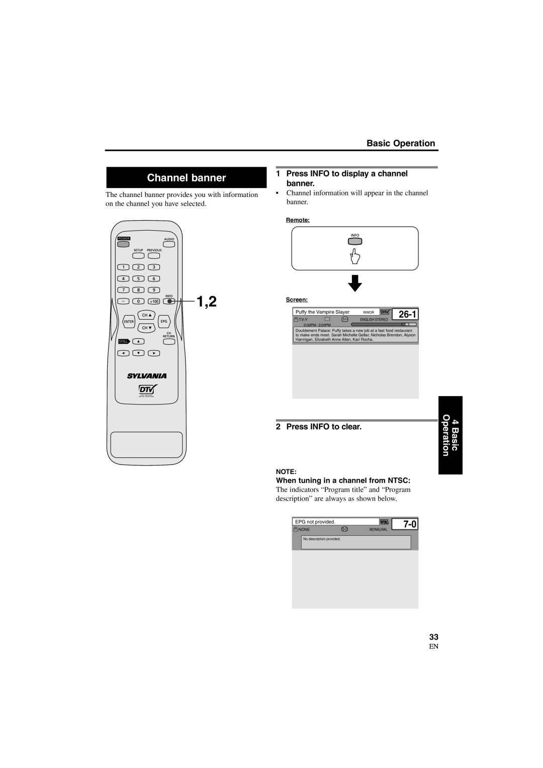 Sylvania 6900DTD owner manual Channel banner, Press Info to display a channel banner, Press Info to clear 