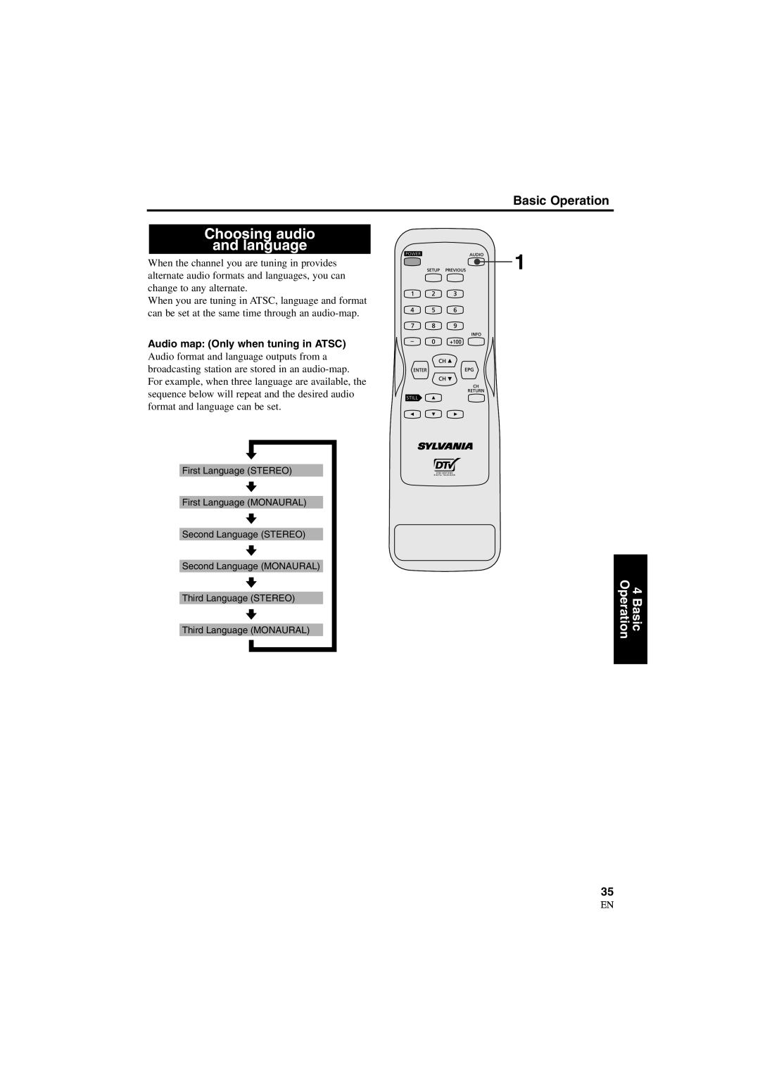 Sylvania 6900DTD owner manual Choosing audio Language, Audio map Only when tuning in Atsc 