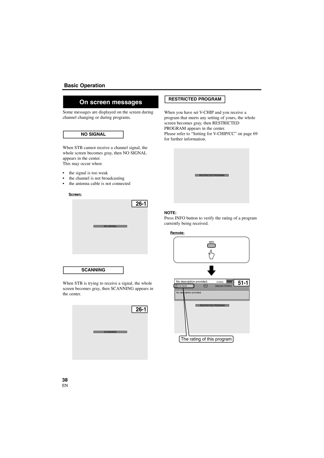 Sylvania 6900DTD owner manual On screen messages, No Signal, Scanning, Restricted Program 