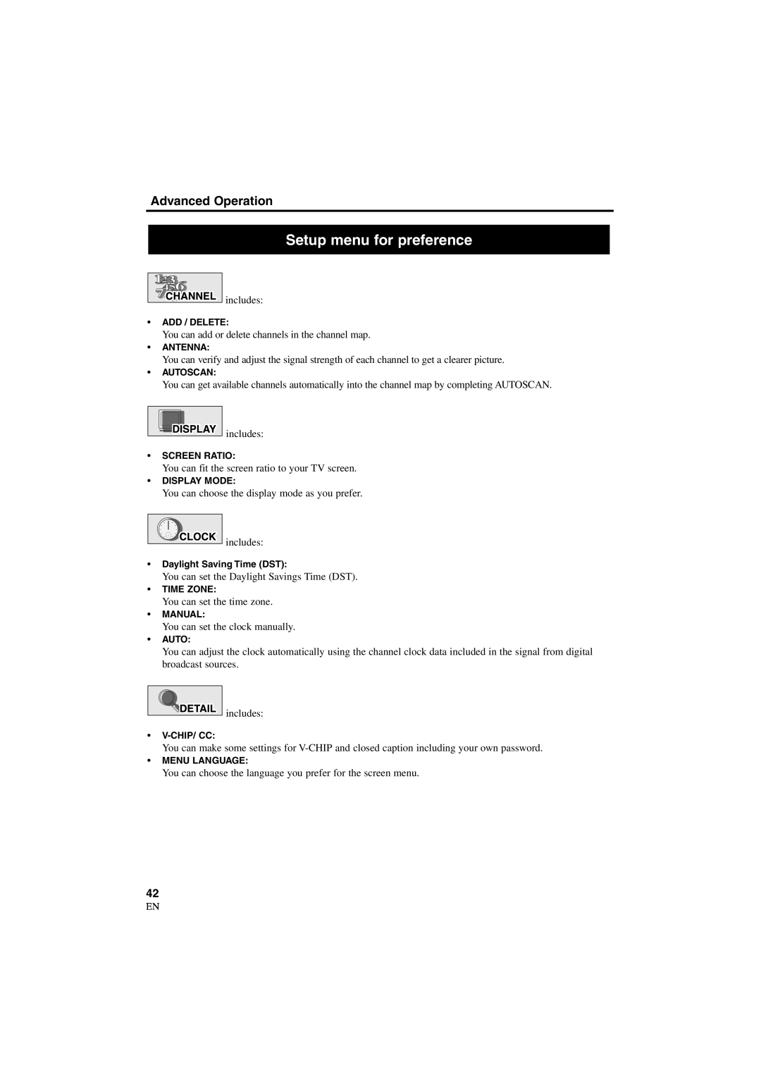 Sylvania 6900DTD owner manual Setup menu for preference 