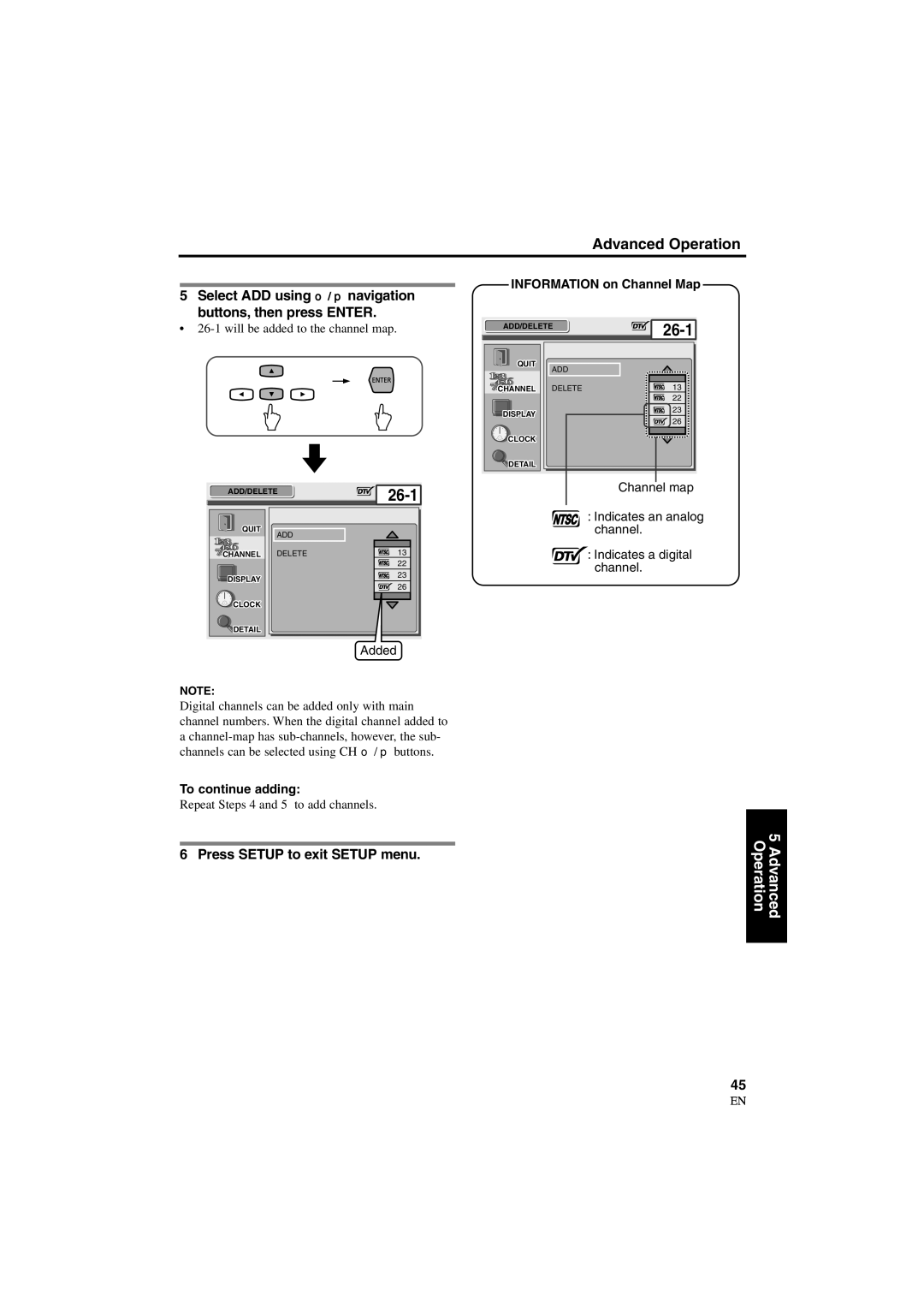 Sylvania 6900DTD owner manual Select ADD using o / p navigation buttons, then press Enter, Press Setup to exit Setup menu 