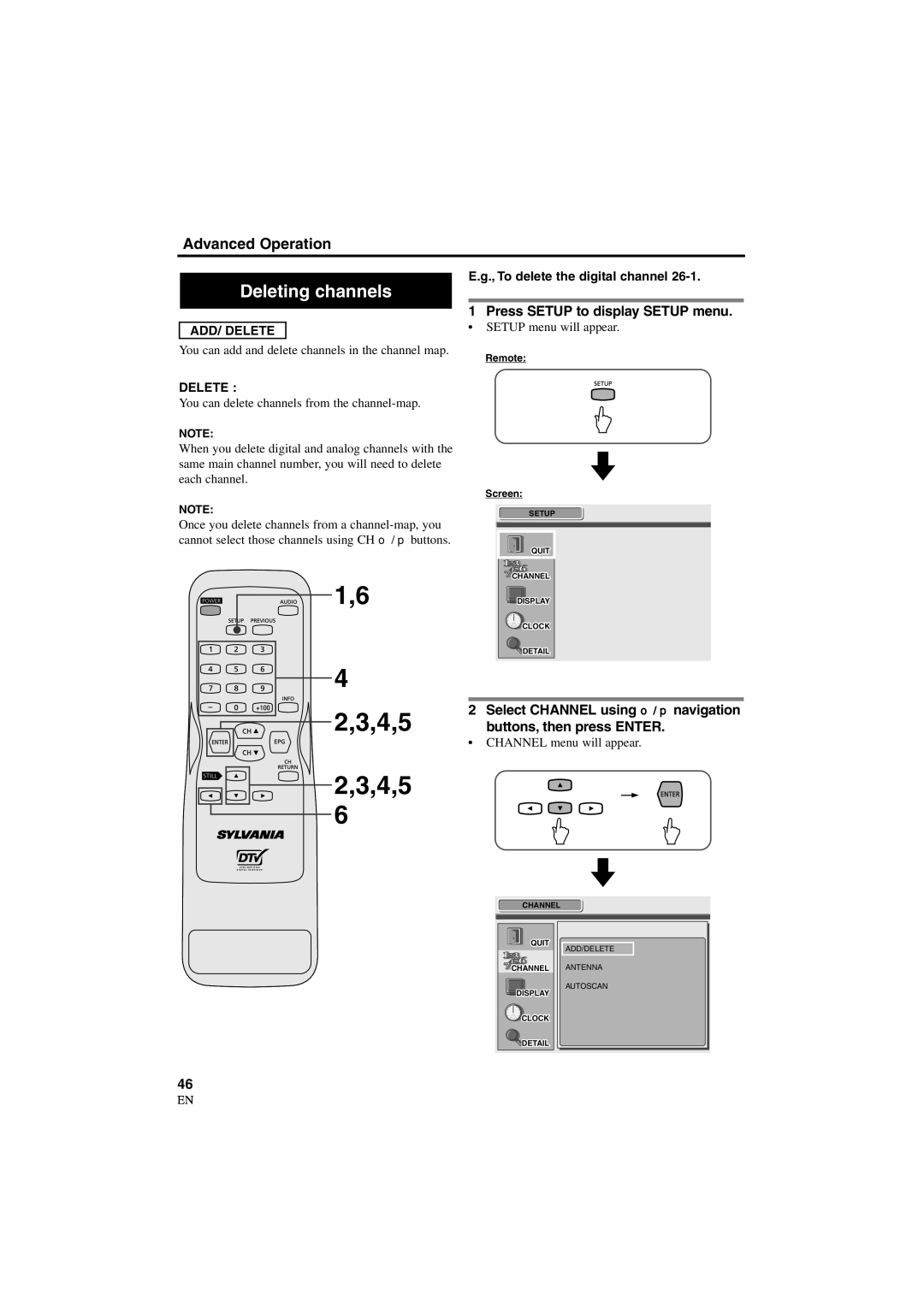 Sylvania 6900DTD owner manual Deleting channels, You can add and delete channels in the channel map, Delete 