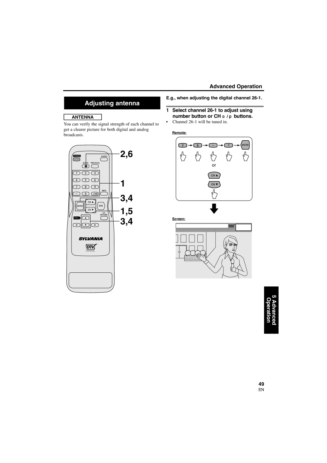 Sylvania 6900DTD owner manual Adjusting antenna, Antenna, When adjusting the digital channel, Channel 26-1 will be tuned 