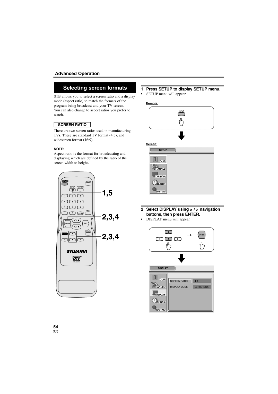 Sylvania 6900DTD owner manual Selecting screen formats, Screen Ratio, Display menu will appear 