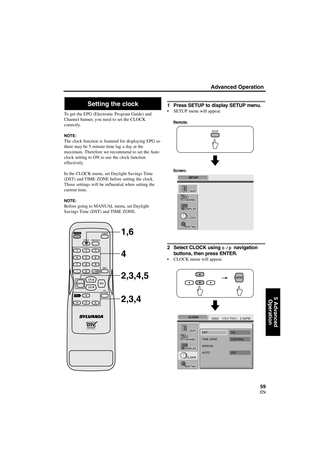 Sylvania 6900DTD owner manual Setting the clock, Clock menu will appear 