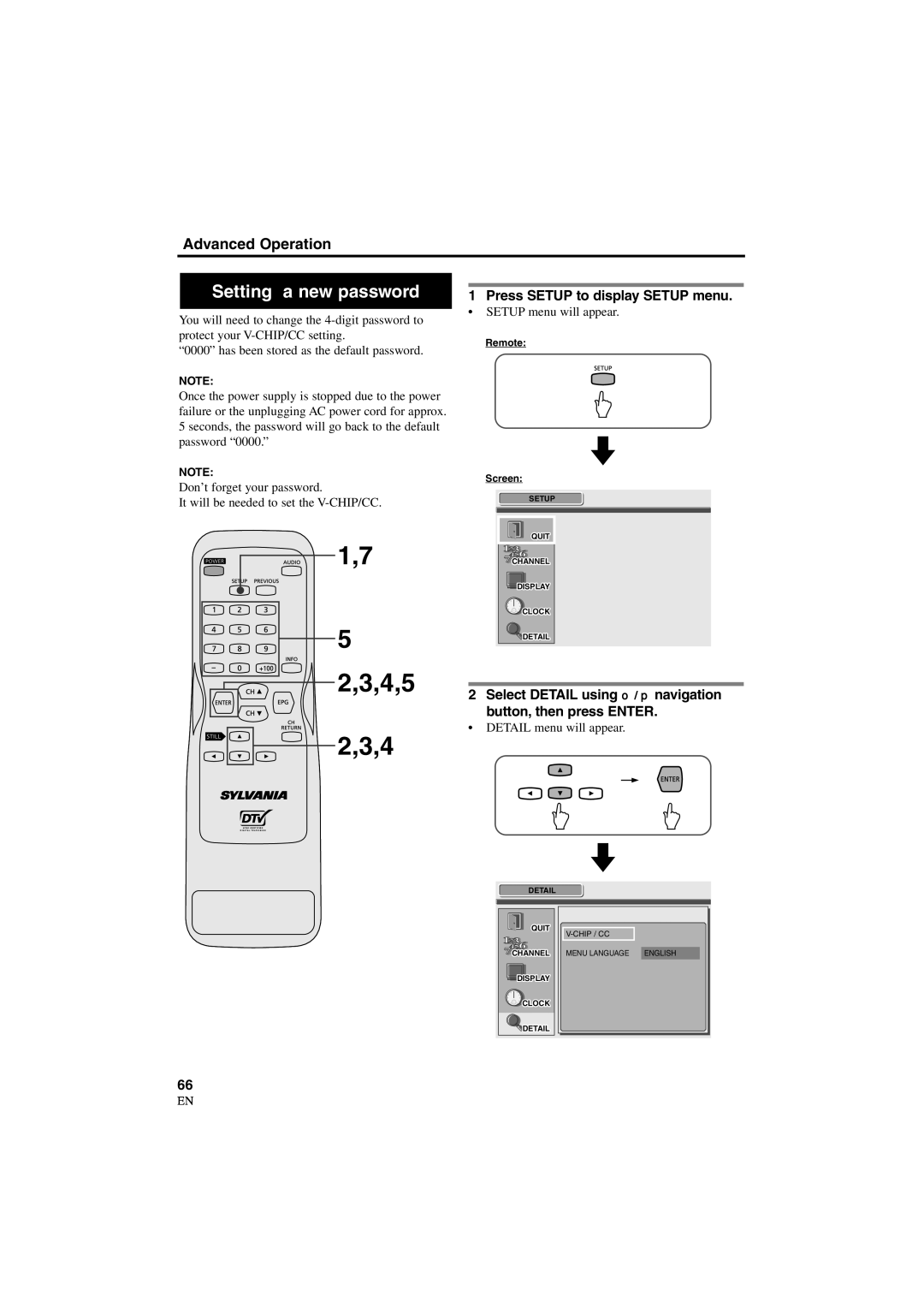 Sylvania 6900DTD owner manual Setting a new password, Detail menu will appear 