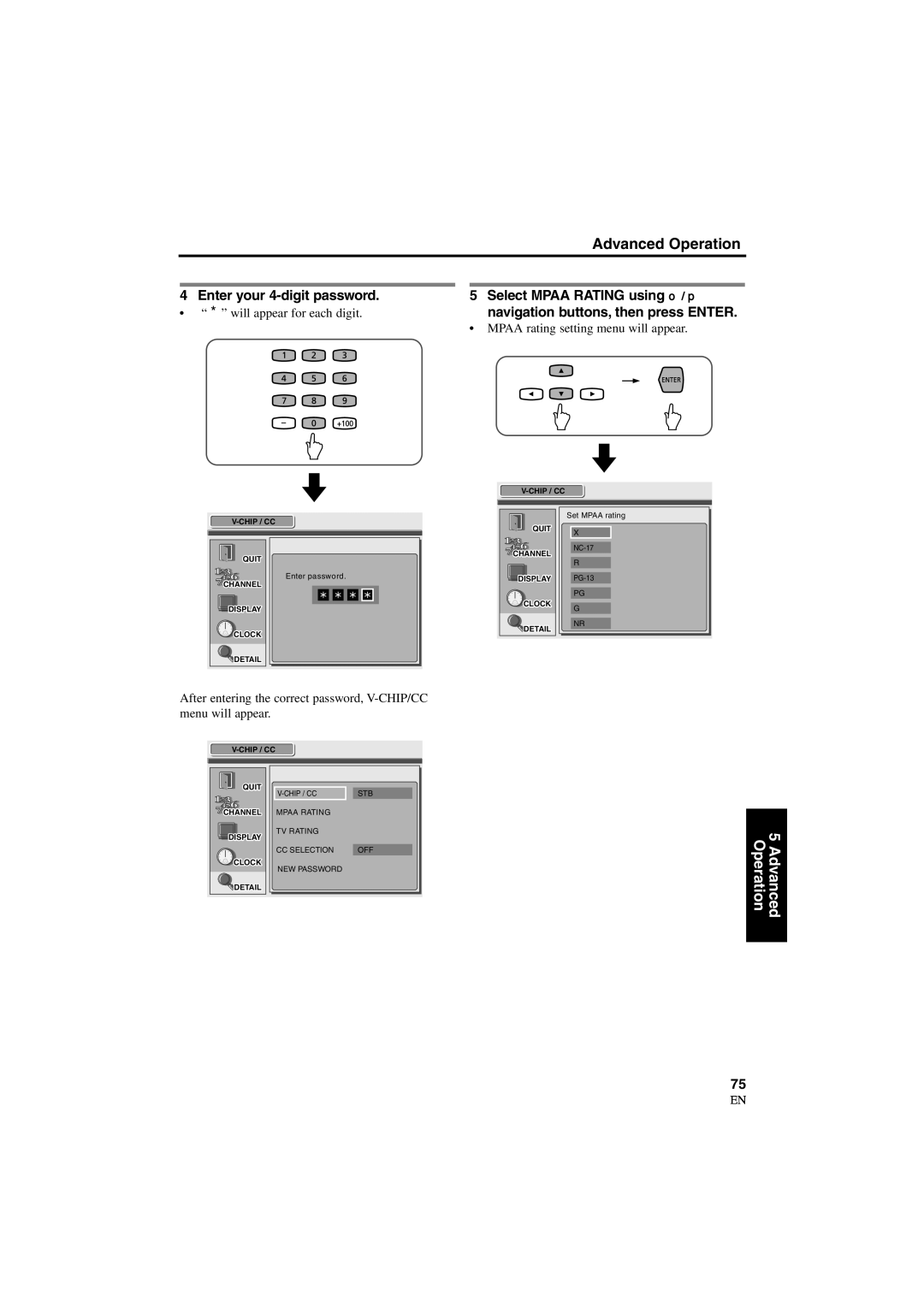 Sylvania 6900DTD owner manual Enter your 4-digit password, Mpaa rating setting menu will appear 