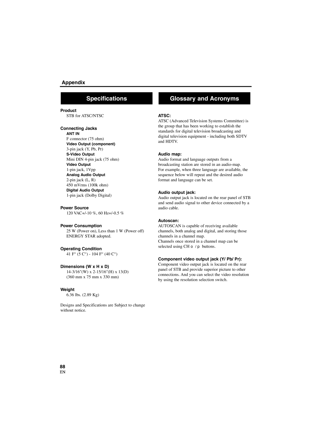 Sylvania 6900DTD owner manual Specifications, Glossary and Acronyms 