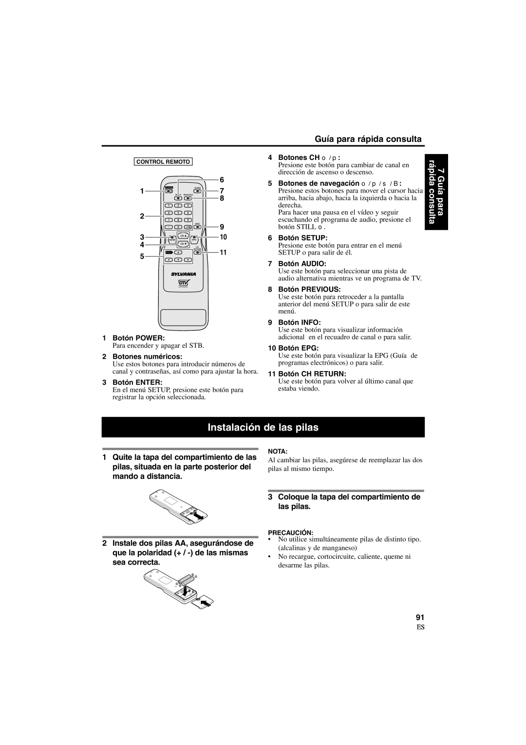 Sylvania 6900DTD owner manual Instalación de las pilas 