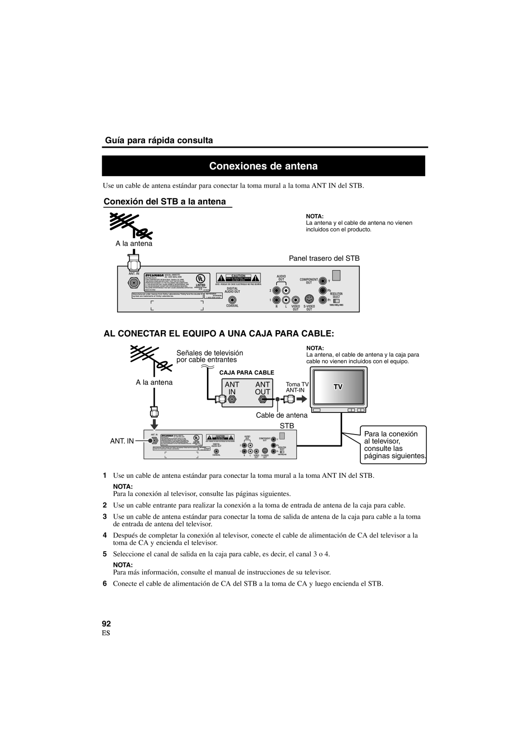 Sylvania 6900DTD owner manual Conexiones de antena, AL Conectar EL Equipo a UNA Caja Para Cable 