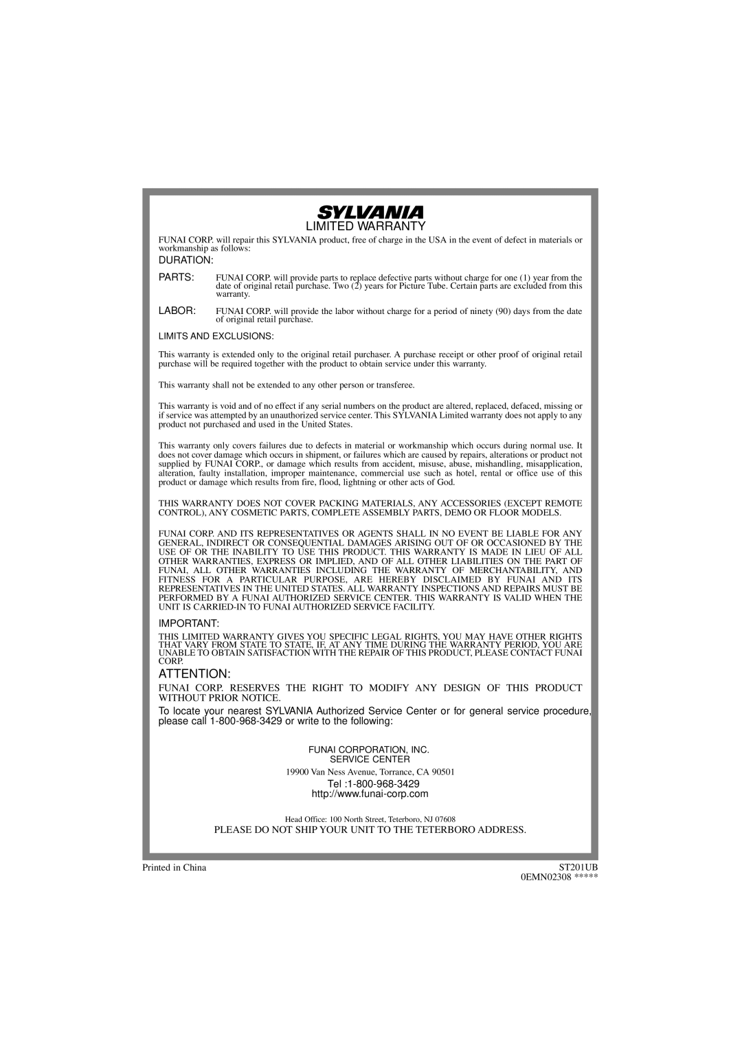 Sylvania 6900DTD owner manual Limited Warranty 