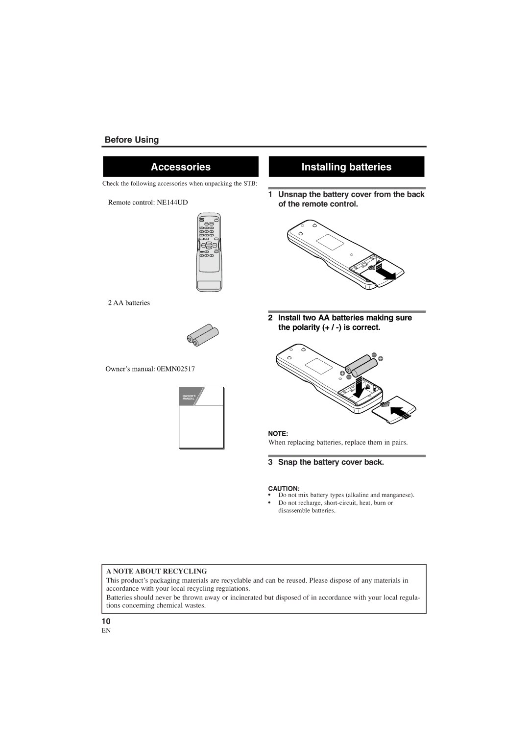 Sylvania 6900DTE owner manual Accessories Installing batteries, Snap the battery cover back 