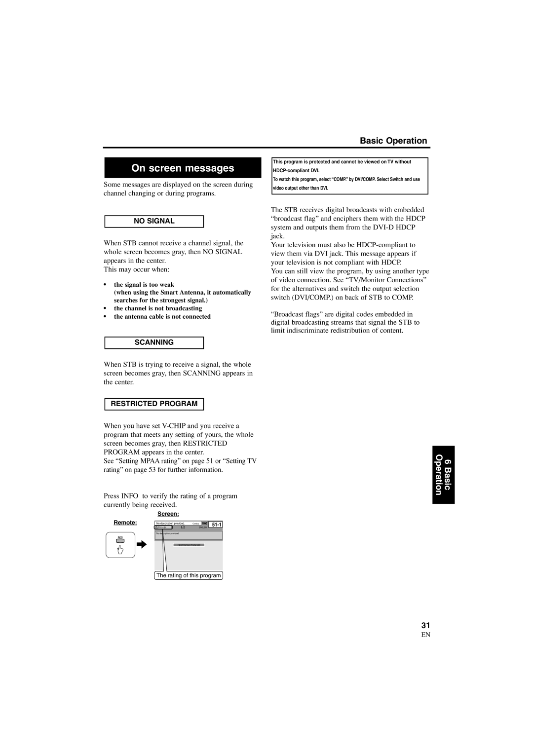 Sylvania 6900DTE owner manual On screen messages, No Signal, Scanning, Restricted Program 