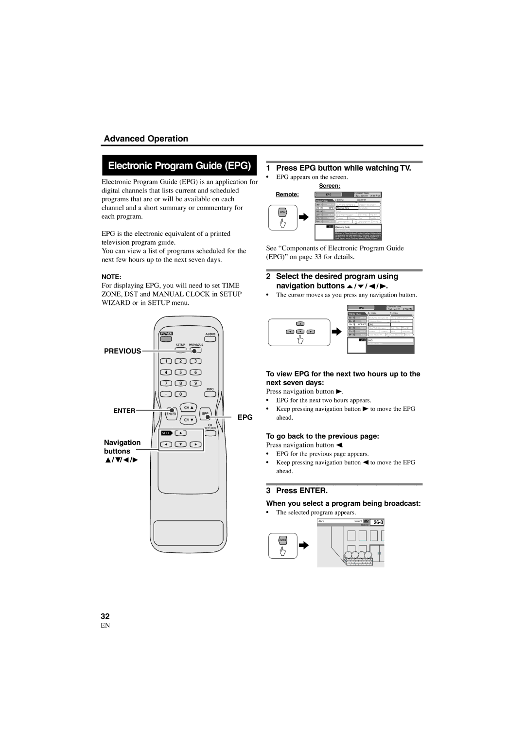 Sylvania 6900DTE owner manual Press EPG button while watching TV, Press Enter, Previous, Epg 