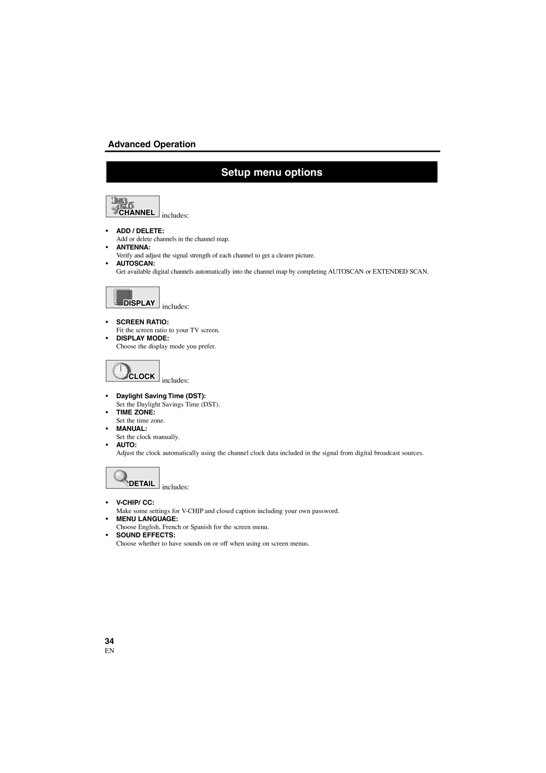 Sylvania 6900DTE owner manual Setup menu options 