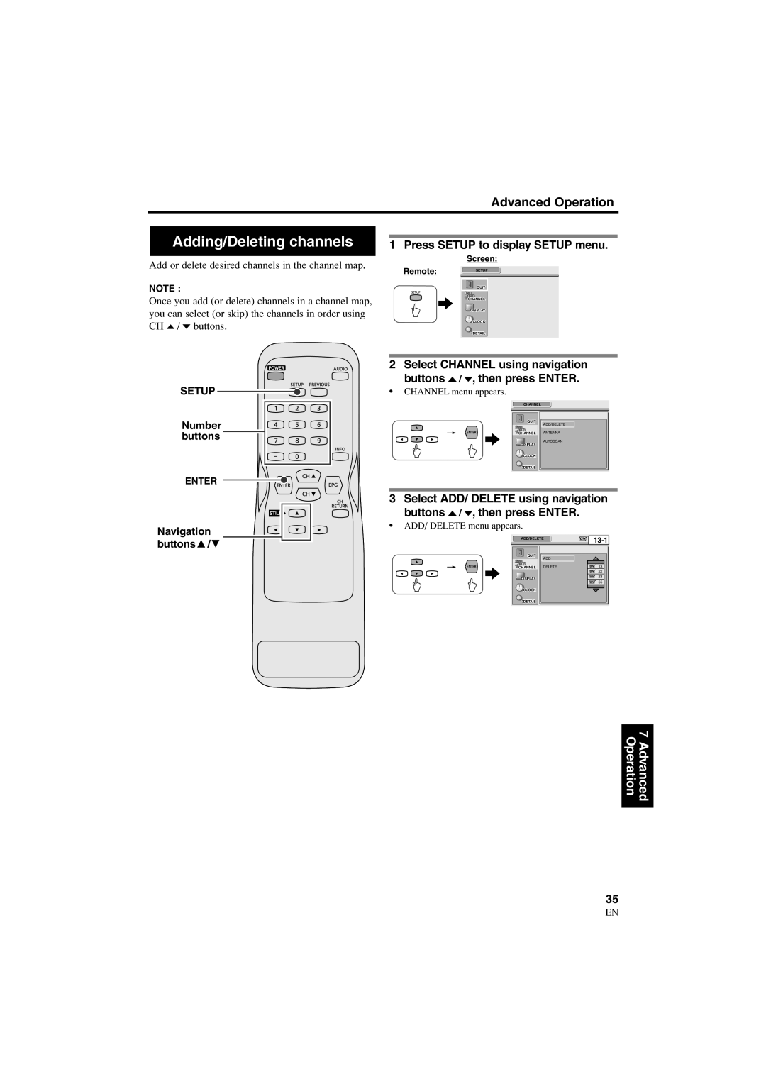 Sylvania 6900DTE owner manual Adding/Deleting channels, Press Setup to display Setup menu, Channel menu appears 