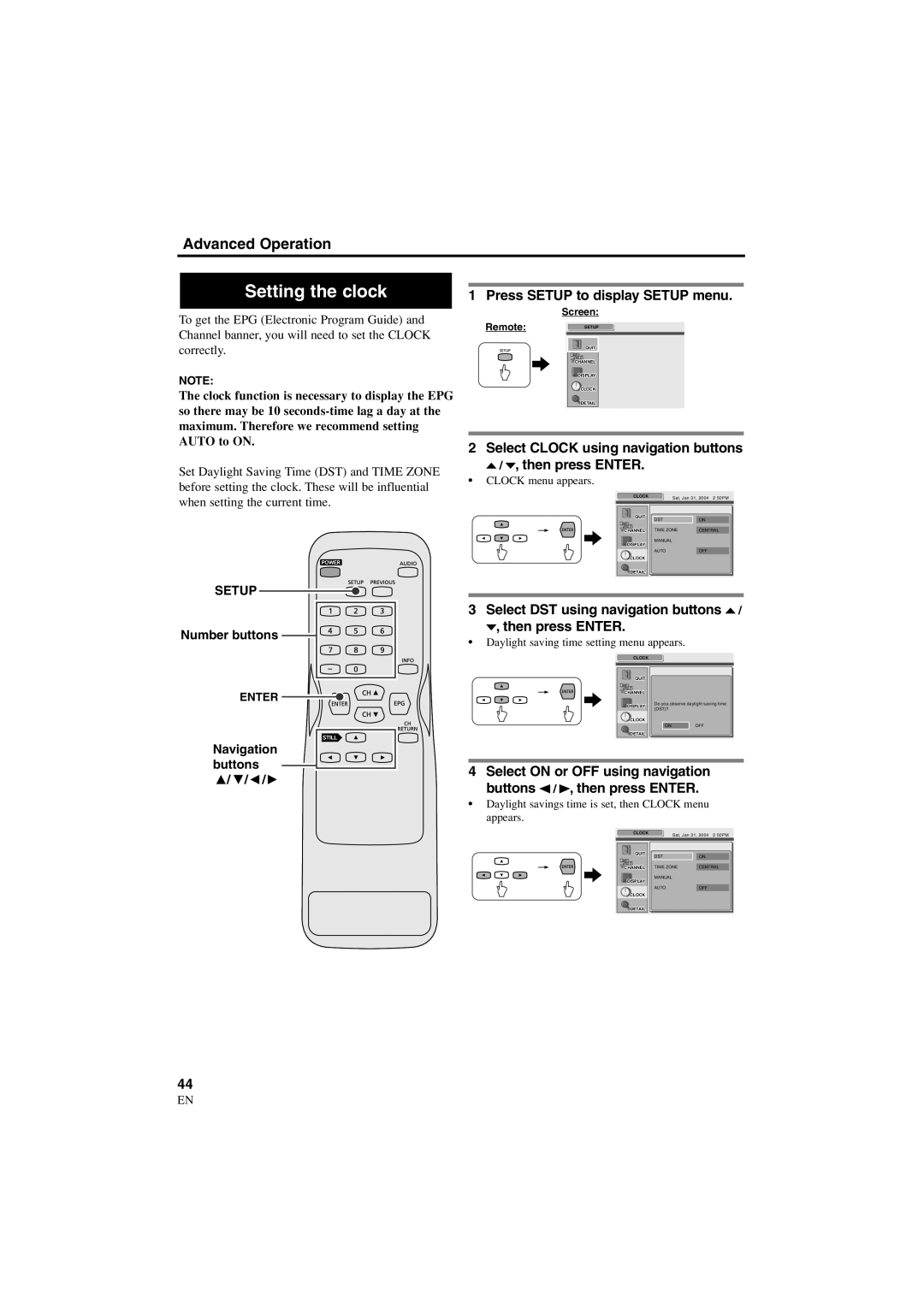 Sylvania 6900DTE owner manual Setting the clock, Select Clock using navigation buttons Then press Enter 