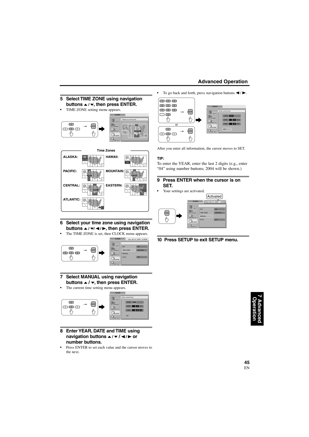 Sylvania 6900DTE owner manual To go back and forth, press navigation buttons s / B, Time Zone setting menu appears 