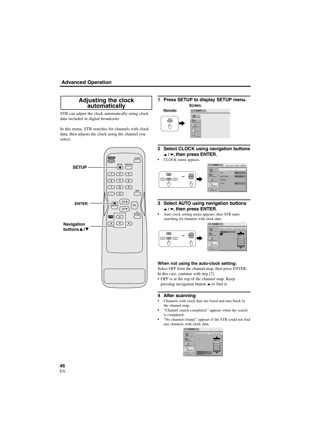 Sylvania 6900DTE Adjusting the clock Automatically, Select Auto using navigation buttons Then press Enter, After scanning 