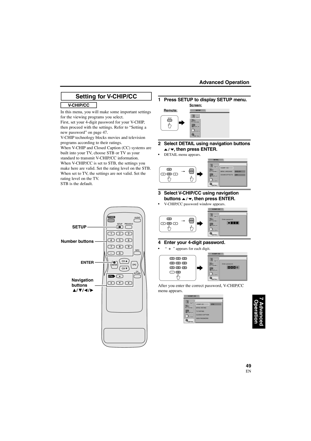 Sylvania 6900DTE owner manual Setting for V-CHIP/CC, Select Detail using navigation buttons Then press Enter 