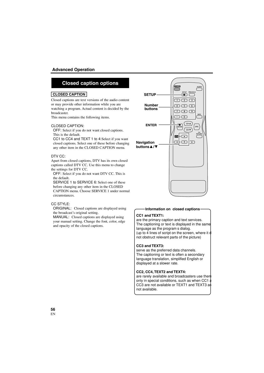 Sylvania 6900DTE owner manual Closed caption options, Closed Caption, CC3 and TEXT3, CC2, CC4, TEXT2 and TEXT4 