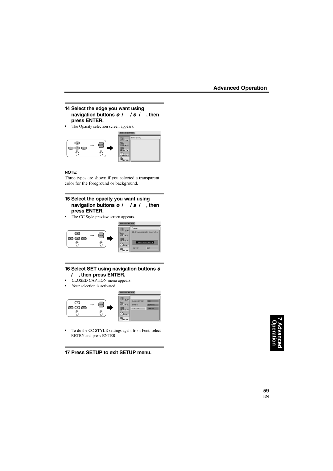 Sylvania 6900DTE owner manual Select SET using navigation buttons s Then press Enter, Opacity selection screen appears 