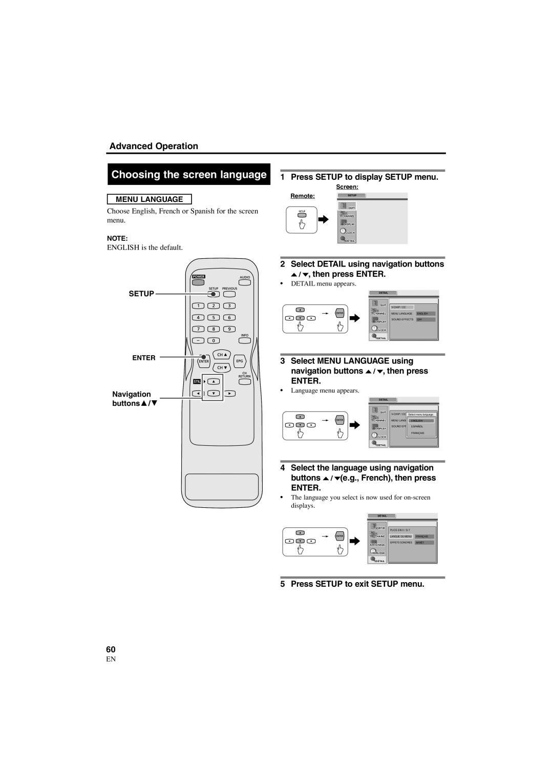 Sylvania 6900DTE owner manual Choosing the screen language, Menu Language, Language menu appears 