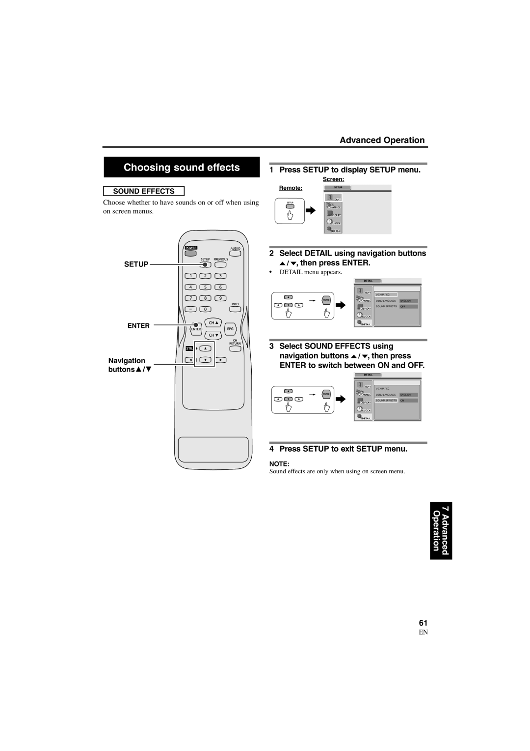 Sylvania 6900DTE owner manual Choosing sound effects, Sound Effects, Sound effects are only when using on screen menu 