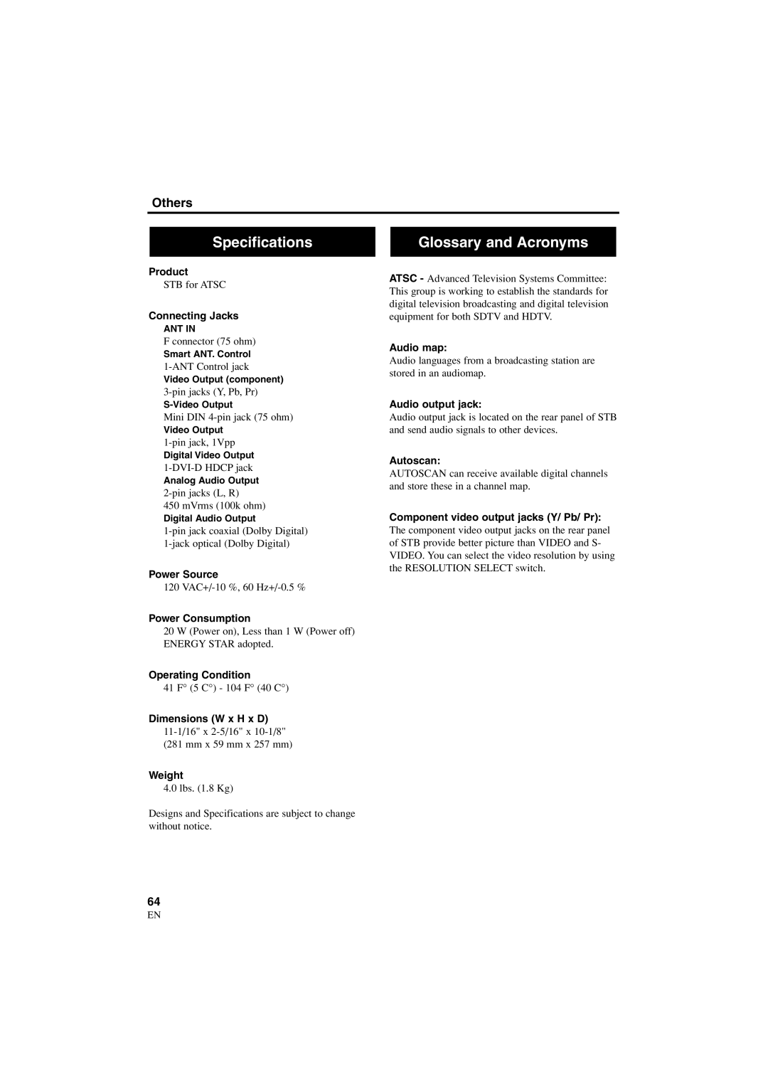 Sylvania 6900DTE owner manual Specifications, Glossary and Acronyms 