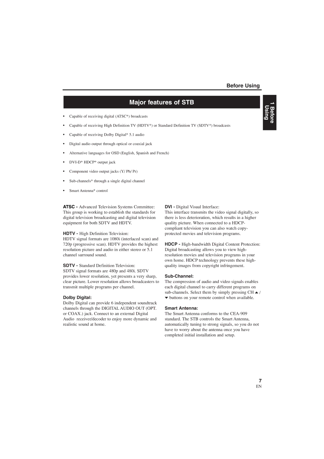 Sylvania 6900DTE owner manual Major features of STB, Dolby Digital, Sub-Channel, Smart Antenna 