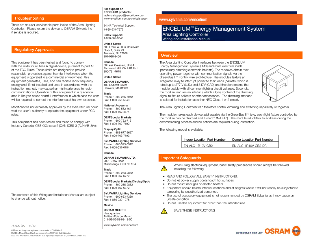 Sylvania 76-009-DA installation manual Troubleshooting, Regulatory Approvals, Overview, Important Safeguards 