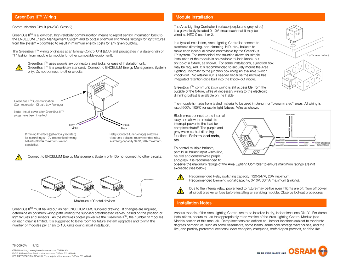 Sylvania 76-009-DA installation manual GreenBus II Wiring, Module Installation, Installation Notes 