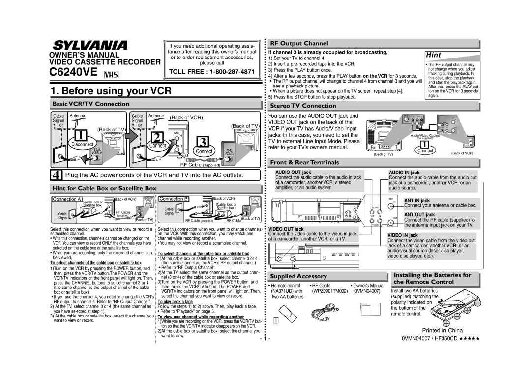 Sylvania C6240VE owner manual Before using your VCR, HintHint 