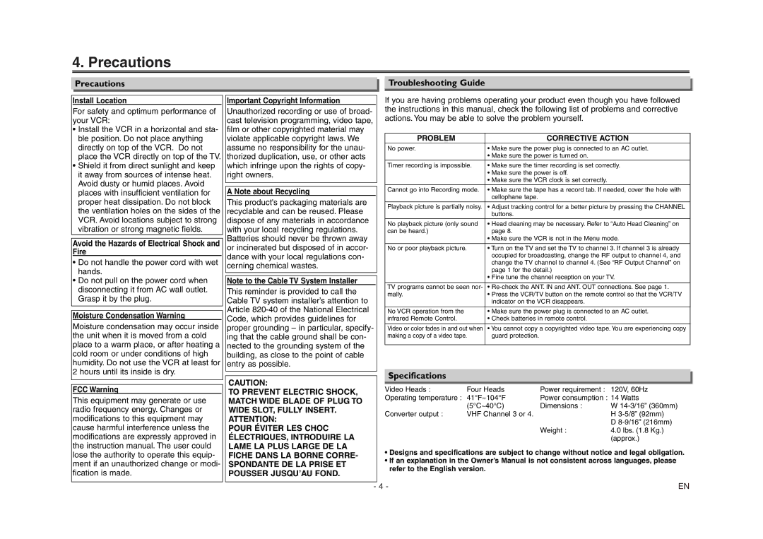 Sylvania C6240VE owner manual Precautions, Specifications, Problem Corrective Action 