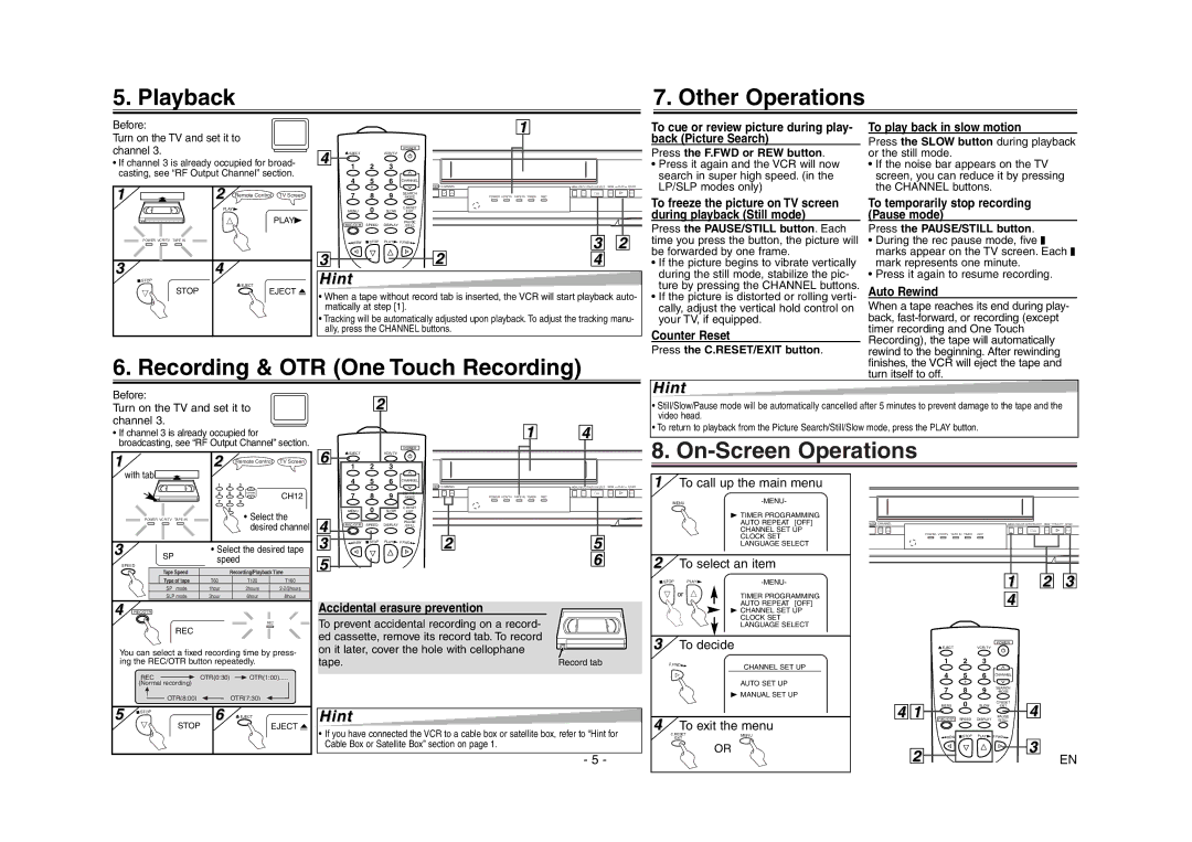 Sylvania C6240VE owner manual Playback Other Operations, Recording & OTR One Touch Recording, On-Screen Operations 