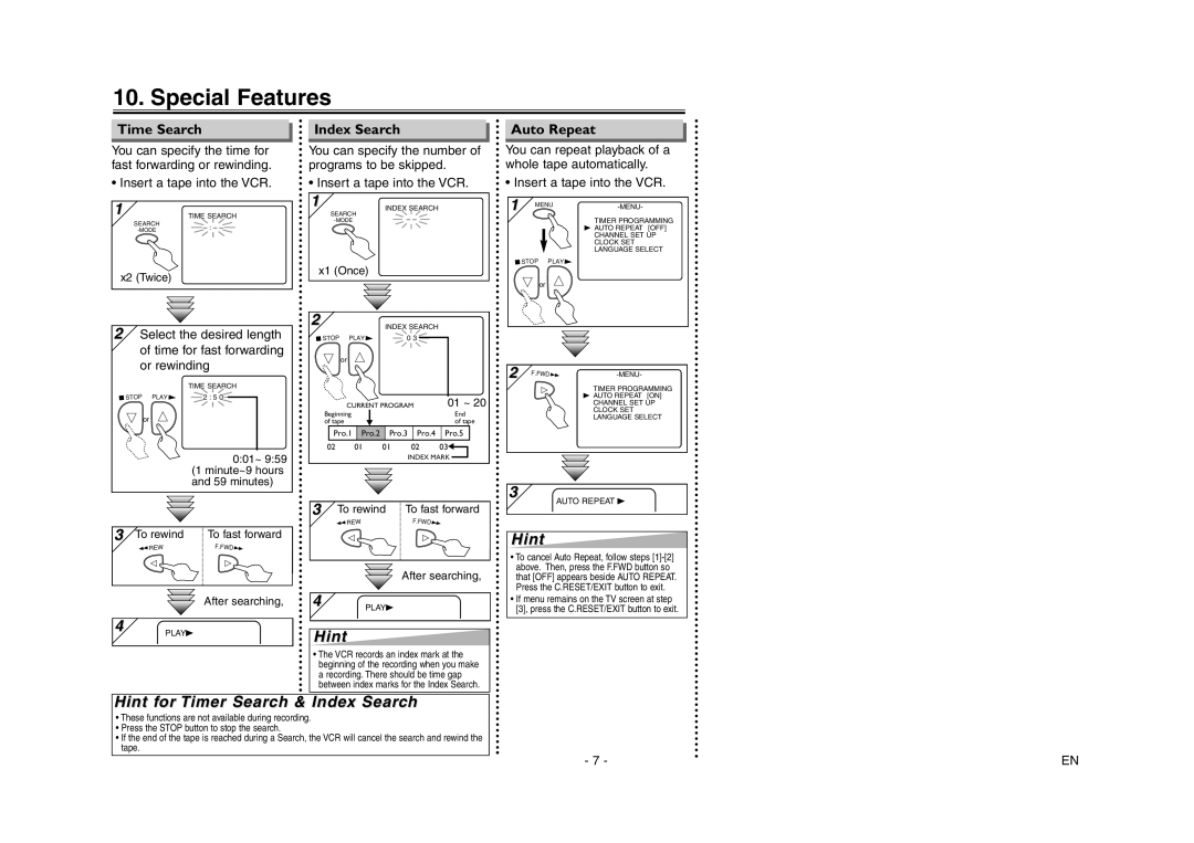 Sylvania C6240VE owner manual Special Features, Hint for Timer Search & Index Search, Time Search, Auto Repeat 