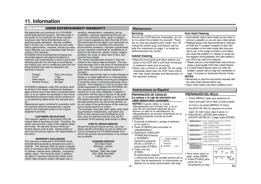 Sylvania C6240VE Information, Maintenance, Instrucciones en Español, Preparación DE Canales, Preparación DEL Reloj 