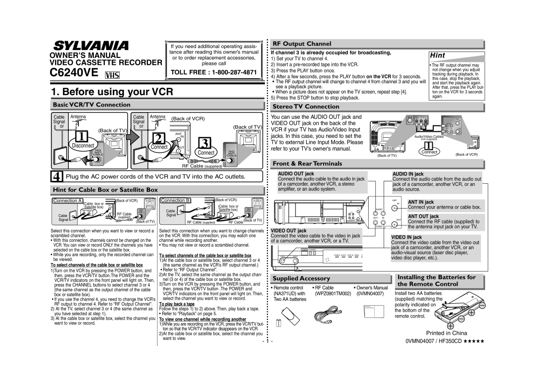 Sylvania C6240VE owner manual Before using your VCR, HintHint, RF Output Channel, Basic VCR/TV Connection, Owner’S Manual 