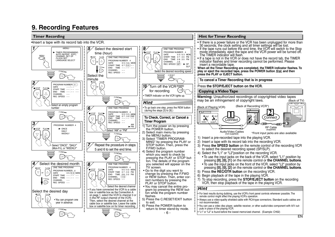 Sylvania C6240VE owner manual Recording Features, Hint for Timer Recording, Copying a Video Tape 