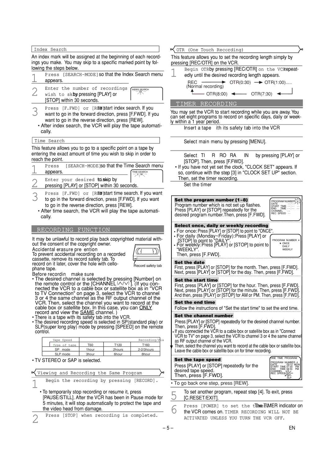 Sylvania C6260VD owner manual Recording Function, Timer Recording, Activated Unless YOU Turn the VCR OFF 