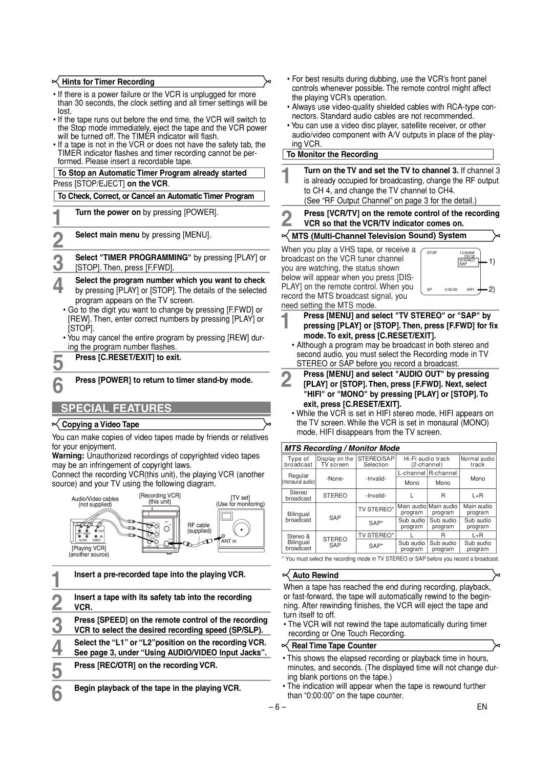 Sylvania C6260VD owner manual Special Features, Vcr 