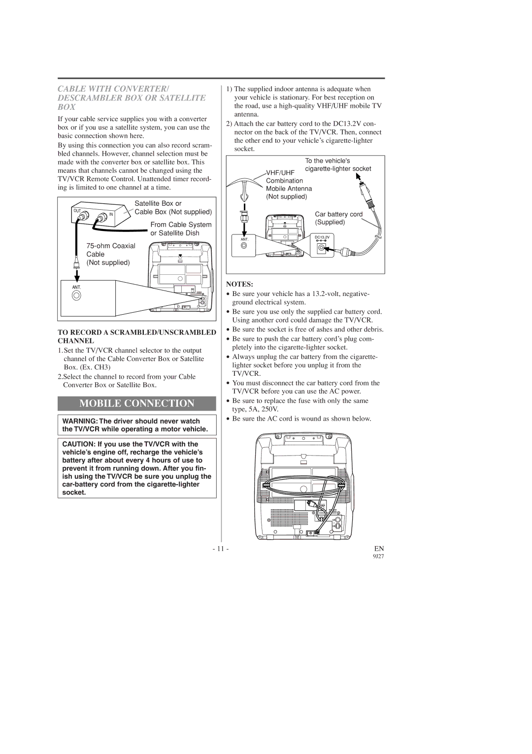 Sylvania C6309CD owner manual Mobile Connection, Cable with CONVERTER/ Descrambler BOX or Satellite BOX 