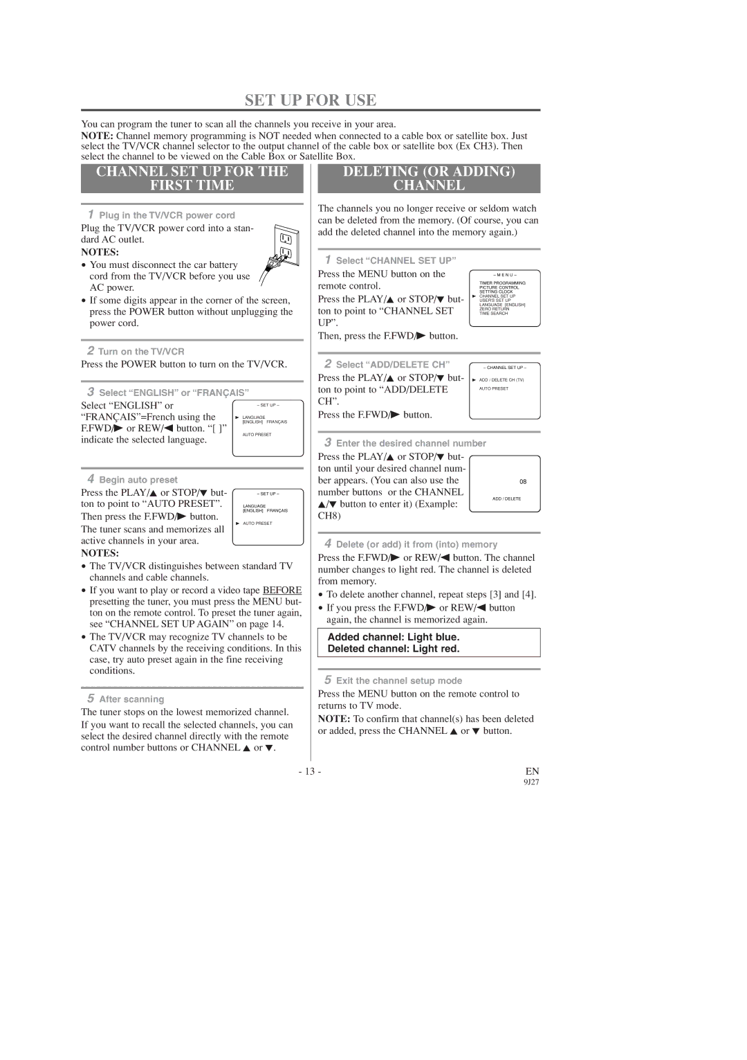 Sylvania C6309CD owner manual SET UP for USE, Channel SET UP for First Time, Deleting or Adding Channel 