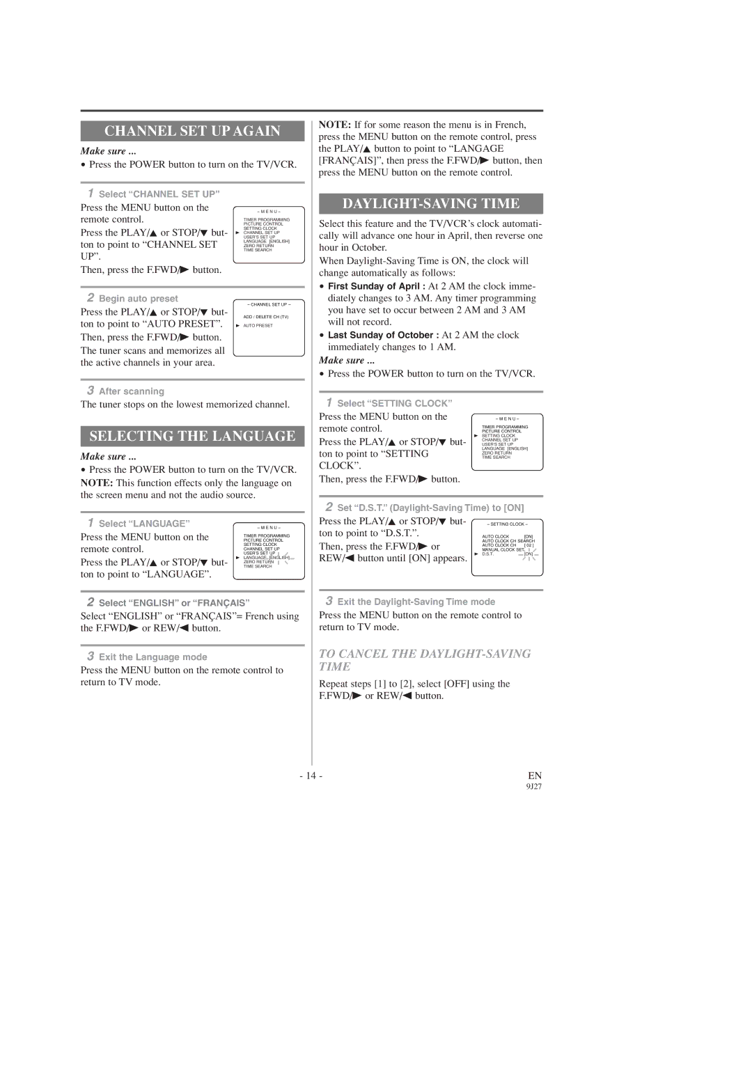 Sylvania C6309CD owner manual Channel SET UP Again, Selecting the Language, To Cancel the DAYLIGHT-SAVING Time 