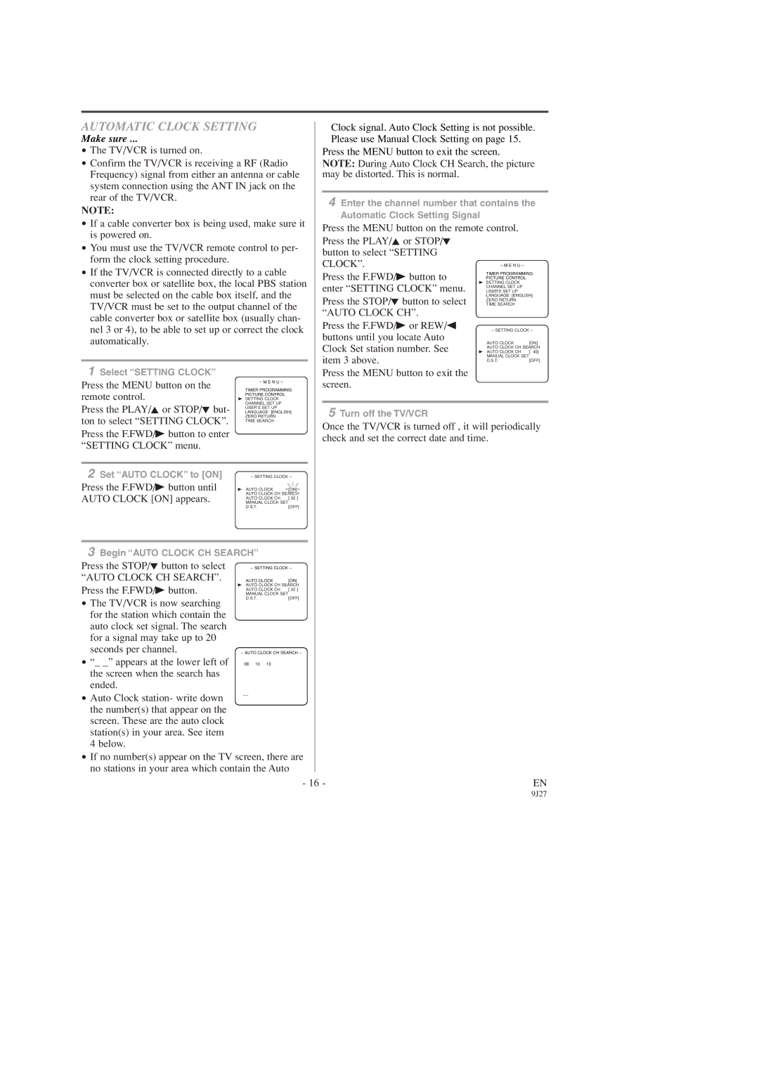 Sylvania C6309CD owner manual Automatic Clock Setting, Auto Clock CH Search 